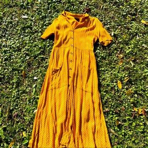 Long button up urban outfitters yellow dress with black polka dots size medium